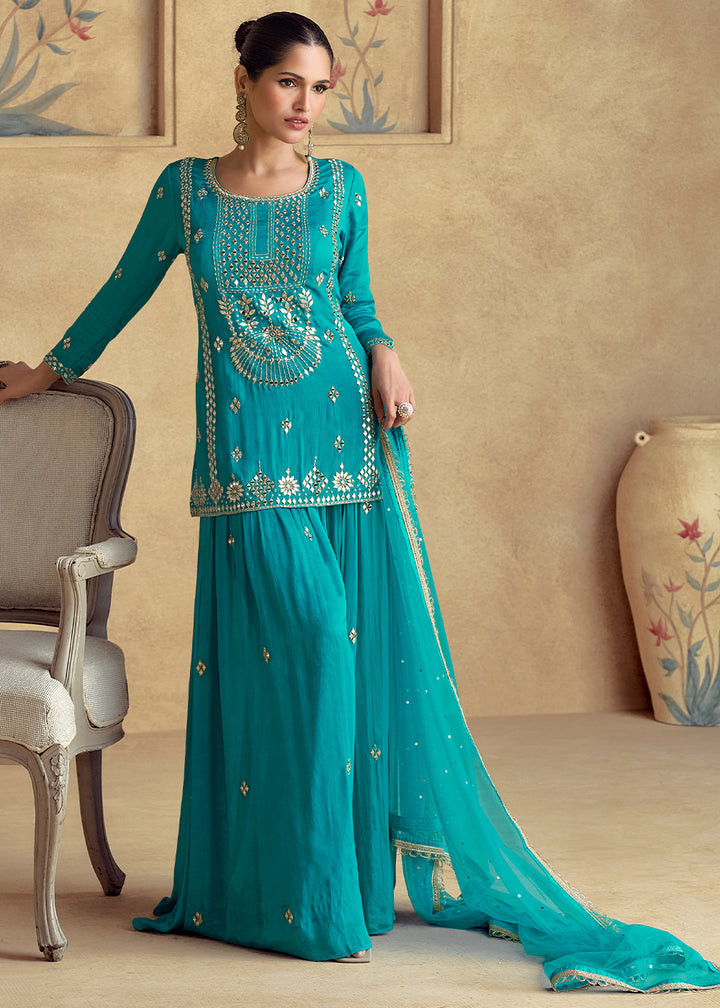 Cerulean Blue Designer Palazzo Suit with Intricate Embroidery