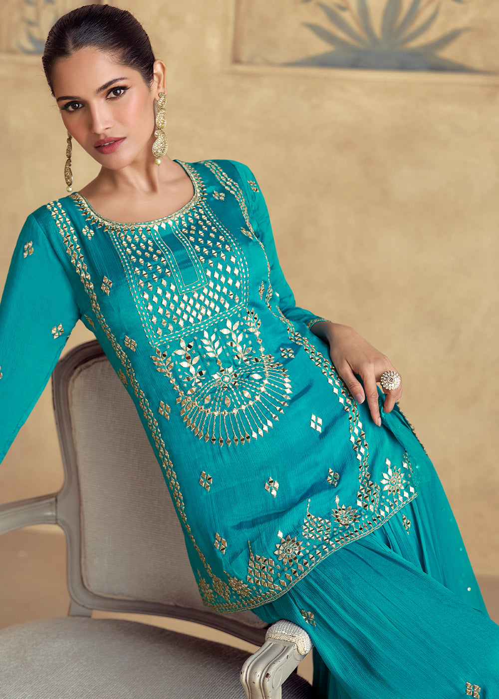 Cerulean Blue Designer Palazzo Suit with Intricate Embroidery