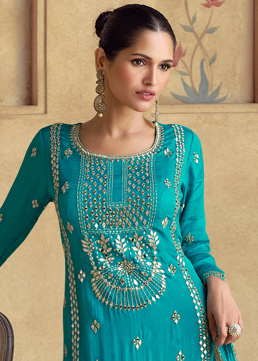 Cerulean Blue Designer Palazzo Suit with Intricate Embroidery