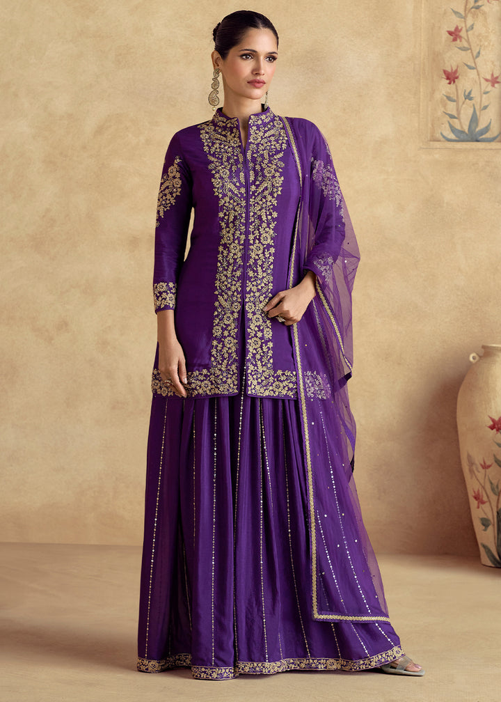 Grape Purple Designer Palazzo Suit with Intricate Embroidery