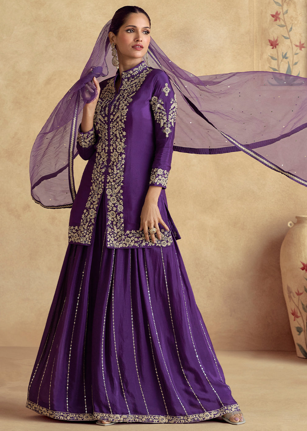 Grape Purple Designer Palazzo Suit with Intricate Embroidery