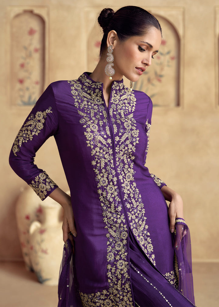 Grape Purple Designer Palazzo Suit with Intricate Embroidery