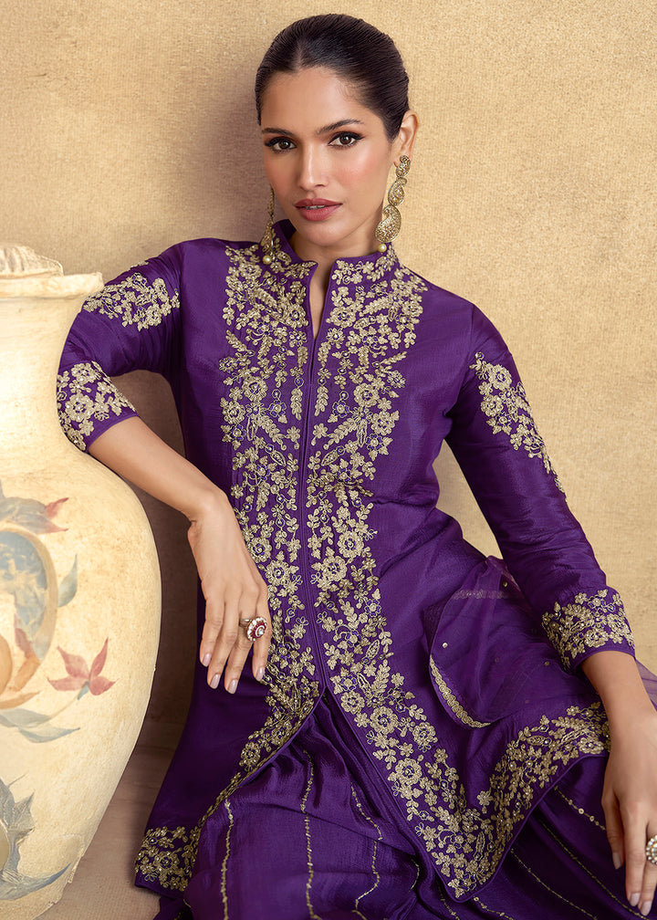 Grape Purple Designer Palazzo Suit with Intricate Embroidery