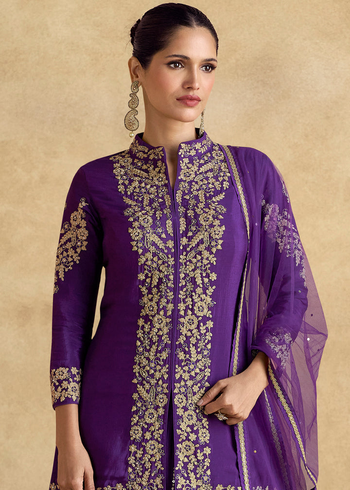 Grape Purple Designer Palazzo Suit with Intricate Embroidery