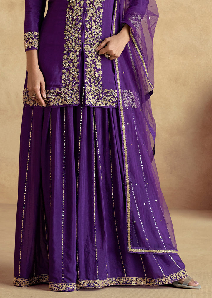 Grape Purple Designer Palazzo Suit with Intricate Embroidery