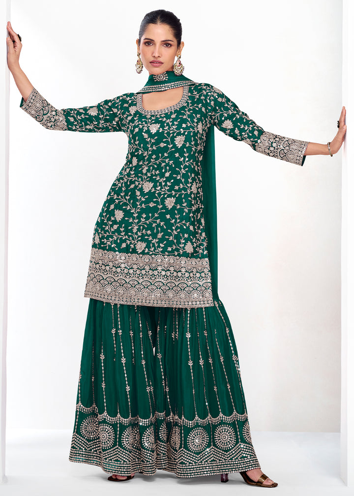 Dark Green Palazzo Suit in Chinon Silk with Exquisite Floral Embroidery