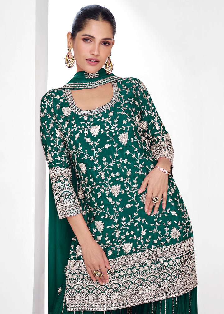 Dark Green Palazzo Suit in Chinon Silk with Exquisite Floral Embroidery