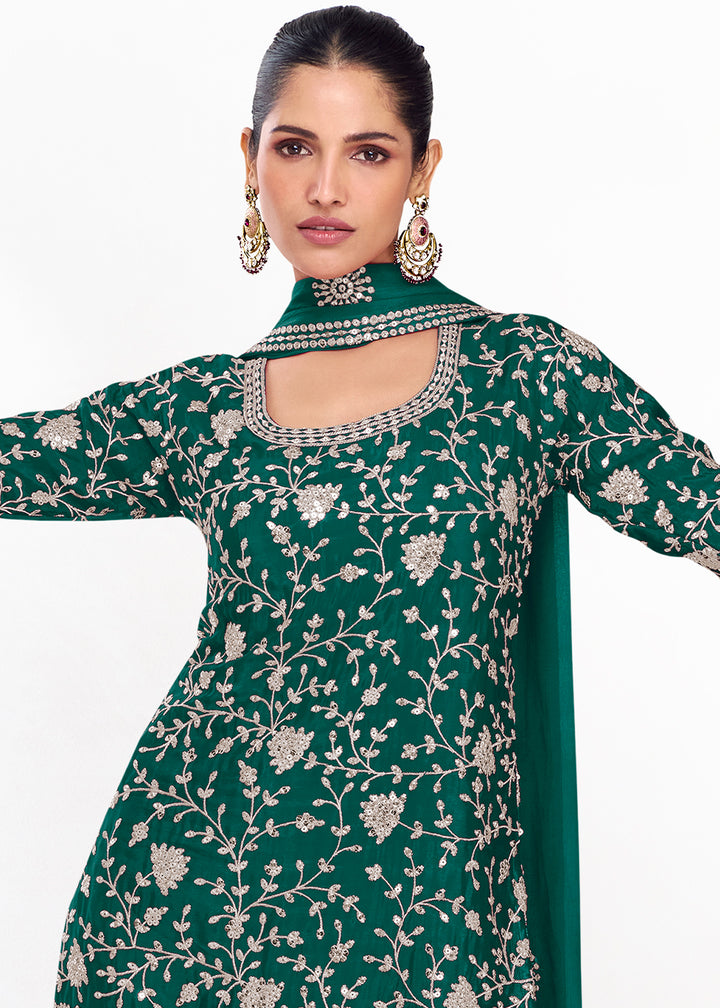 Dark Green Palazzo Suit in Chinon Silk with Exquisite Floral Embroidery