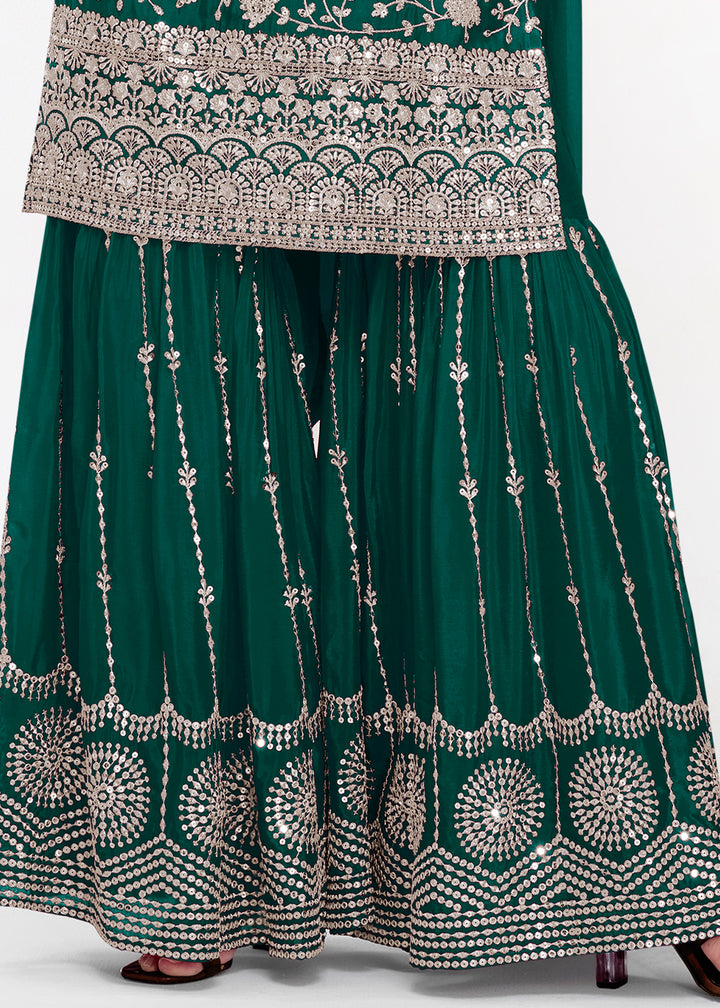 Dark Green Palazzo Suit in Chinon Silk with Exquisite Floral Embroidery