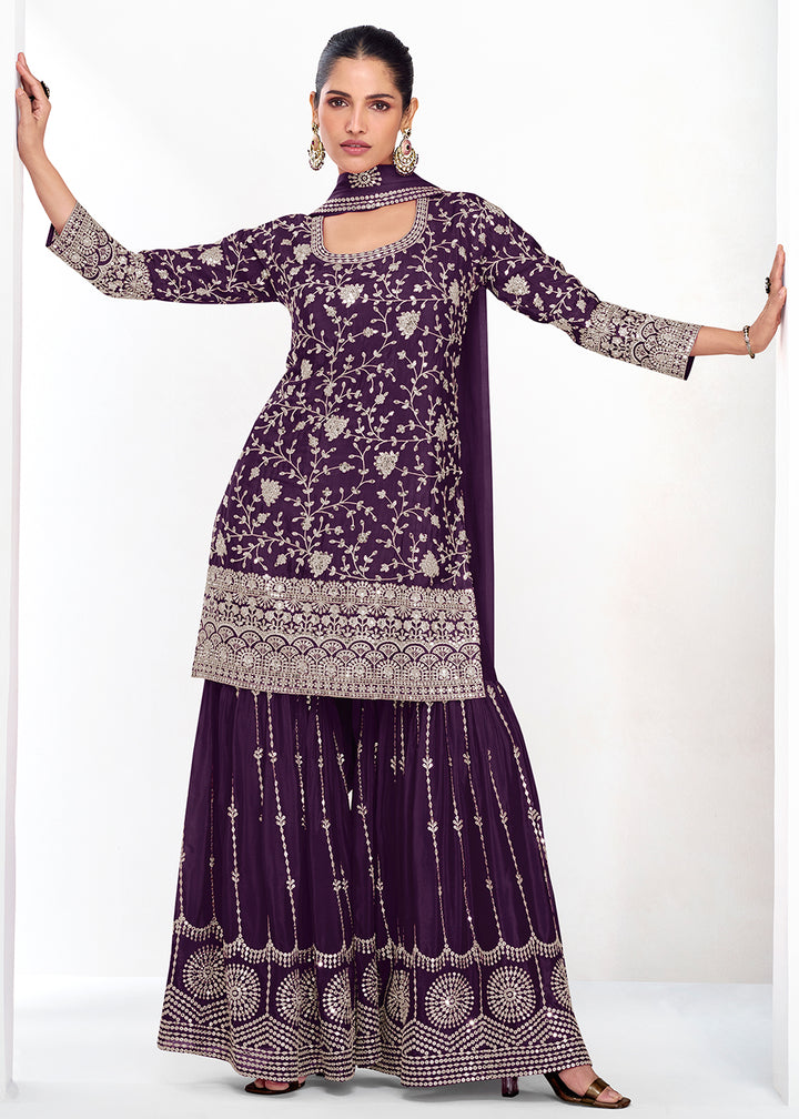 Plum Purple Palazzo Suit in Chinon Silk with Exquisite Floral Embroidery