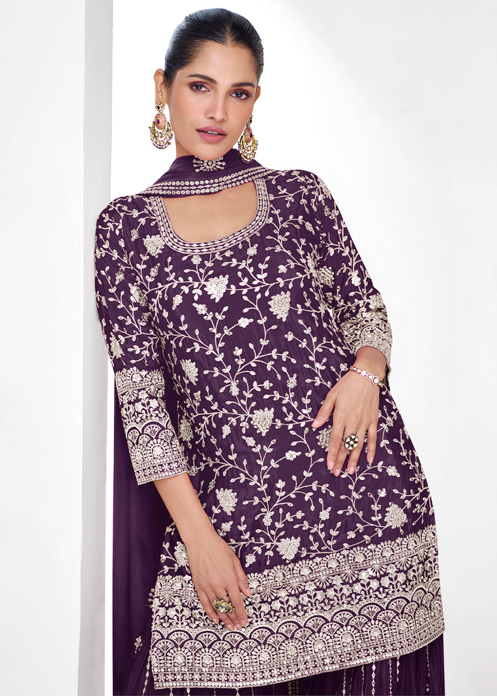 Plum Purple Palazzo Suit in Chinon Silk with Exquisite Floral Embroidery