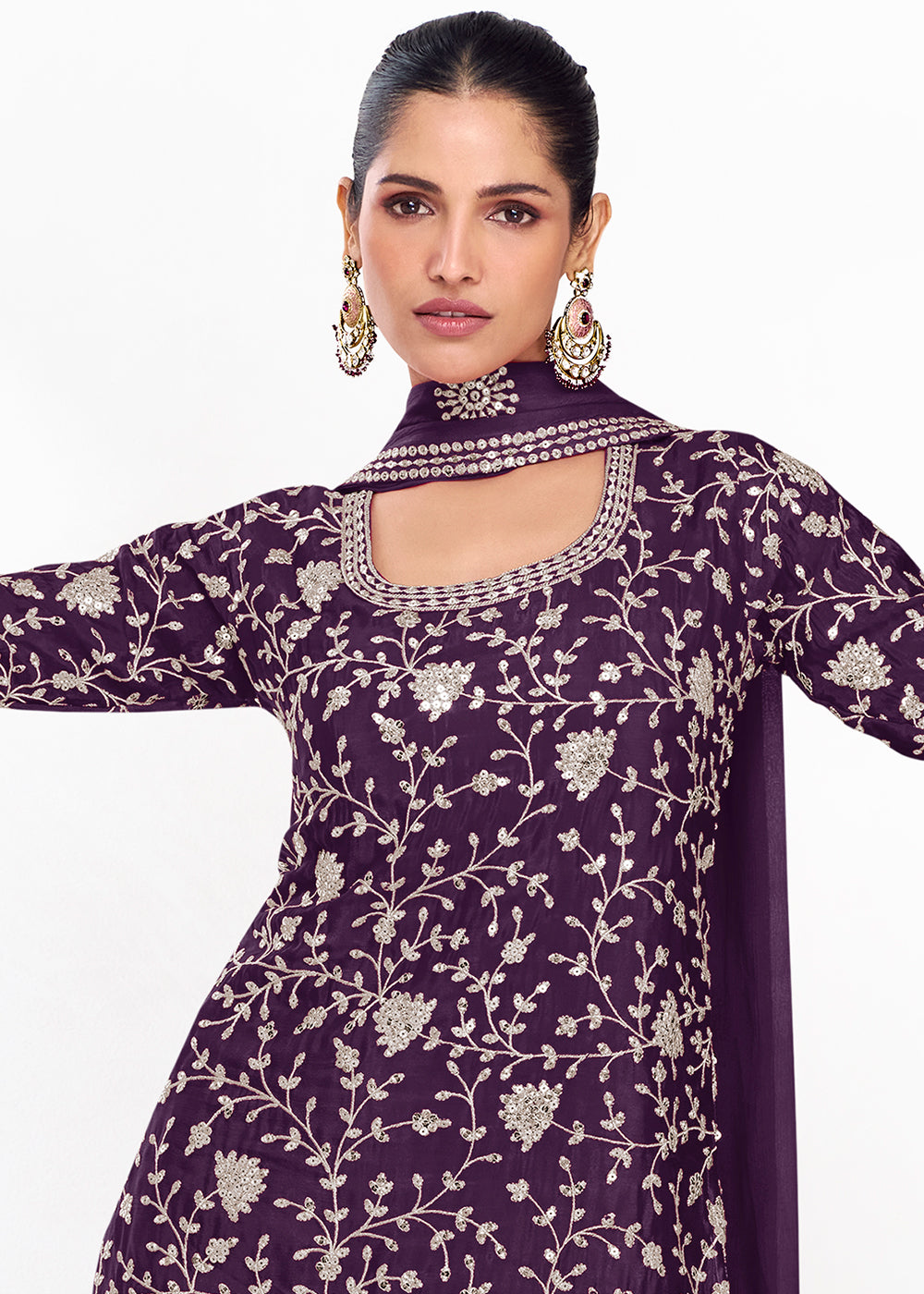 Plum Purple Palazzo Suit in Chinon Silk with Exquisite Floral Embroidery