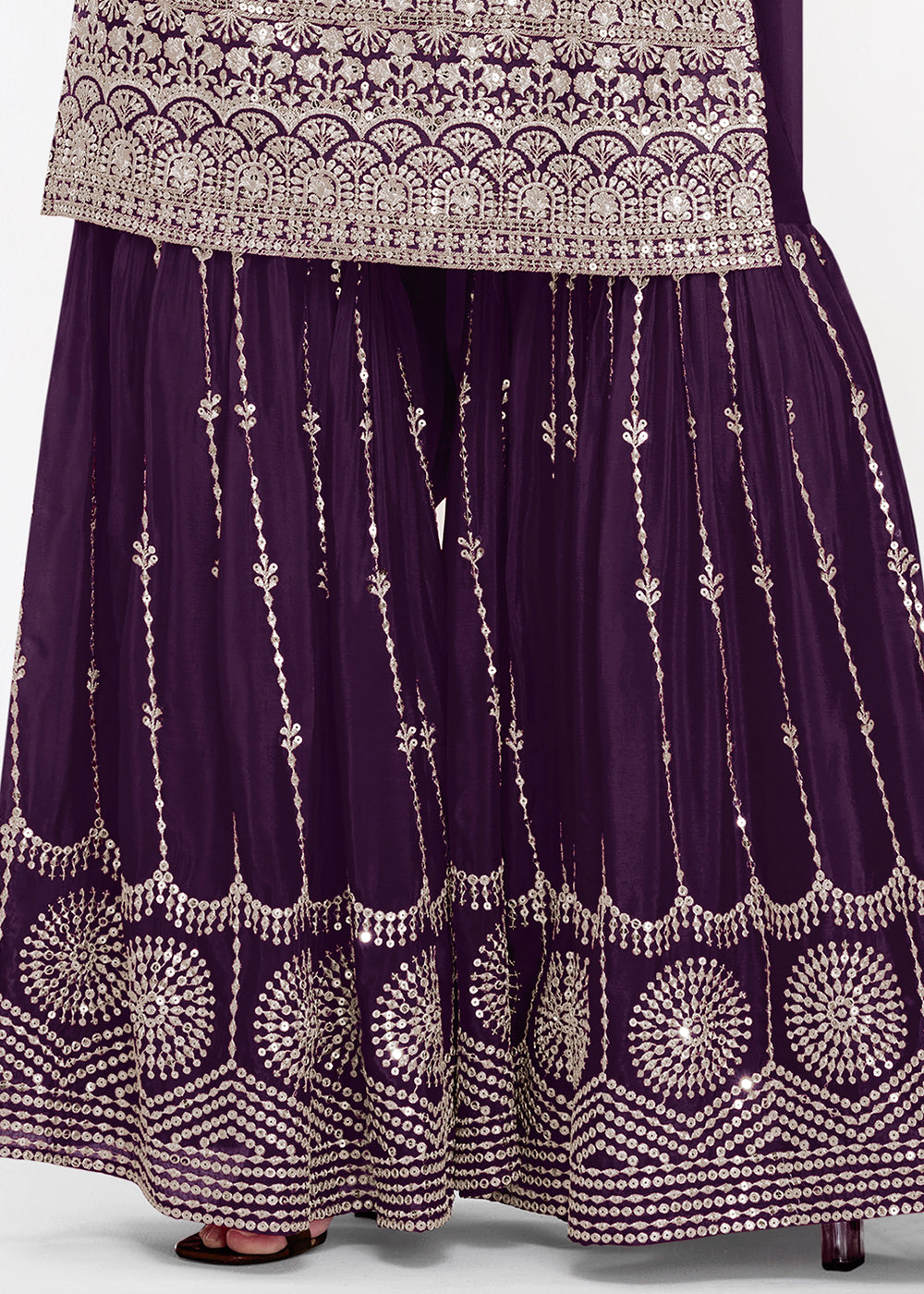 Plum Purple Palazzo Suit in Chinon Silk with Exquisite Floral Embroidery