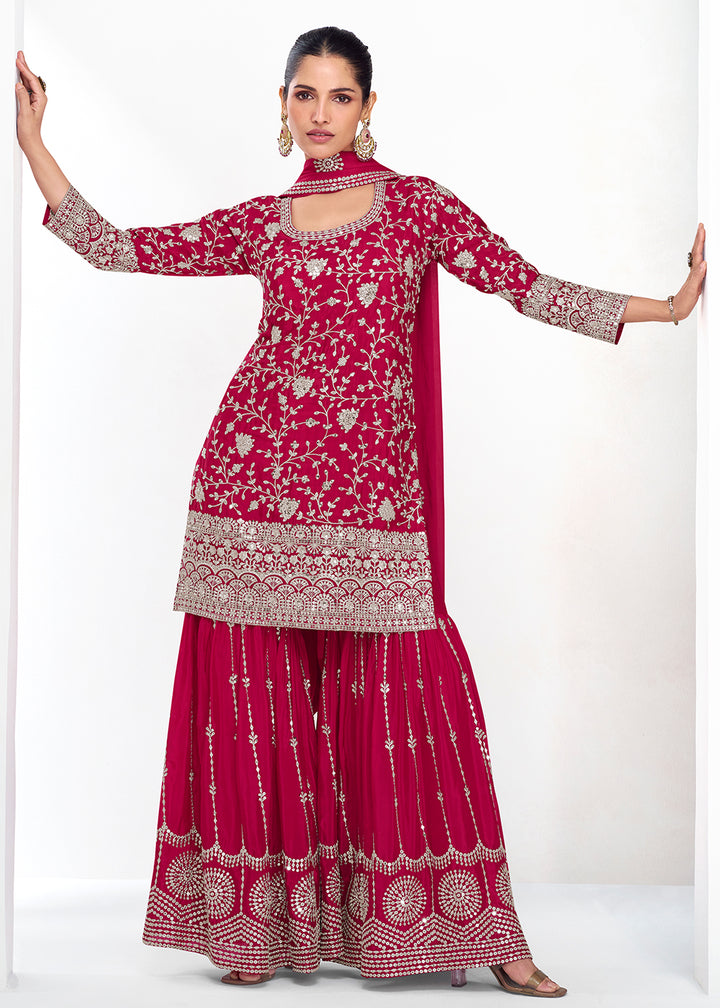 Ruby Pink Palazzo Suit in Chinon Silk with Exquisite Floral Embroidery