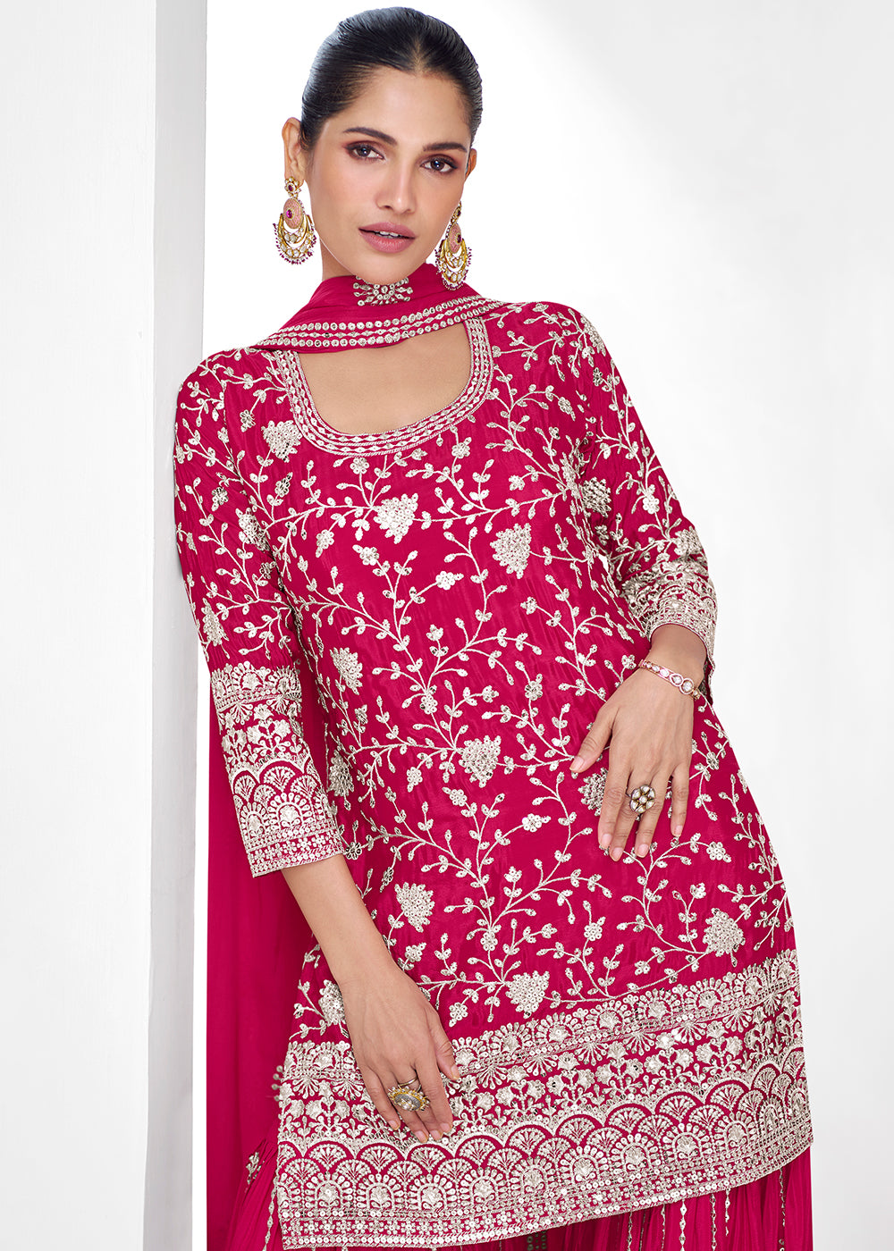 Ruby Pink Palazzo Suit in Chinon Silk with Exquisite Floral Embroidery