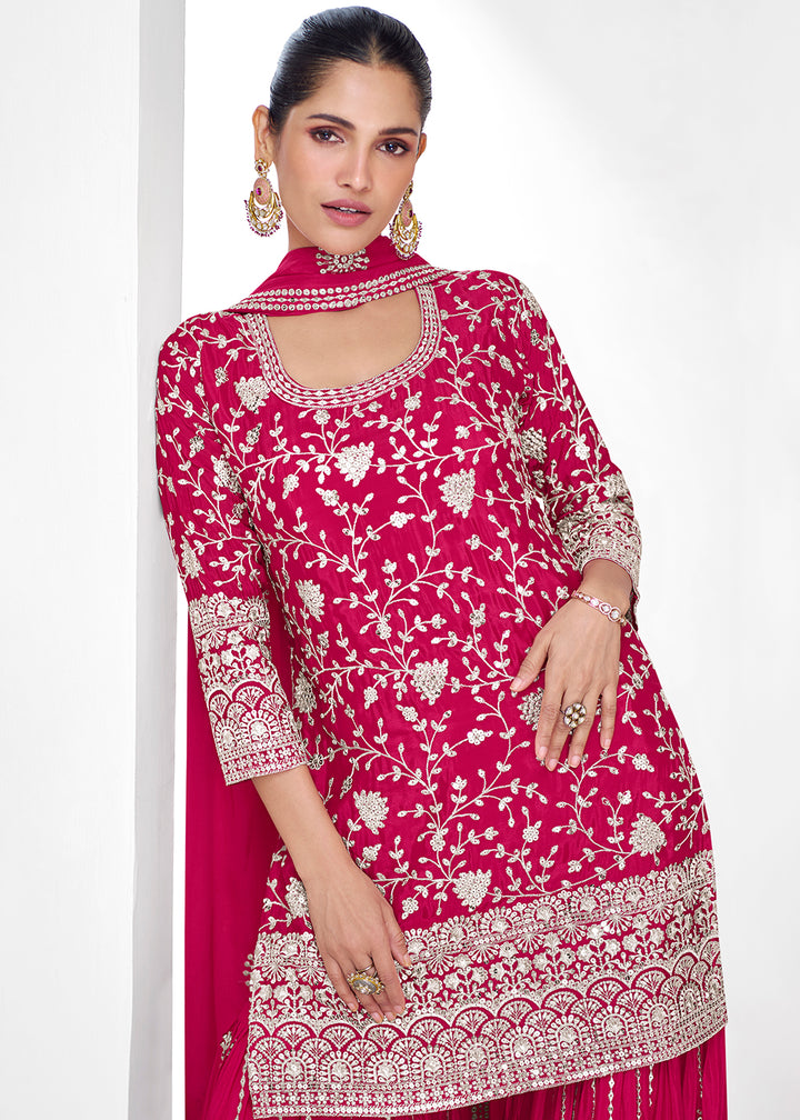 Ruby Pink Palazzo Suit in Chinon Silk with Exquisite Floral Embroidery