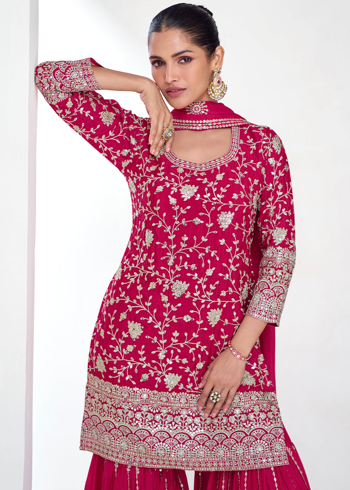 Ruby Pink Palazzo Suit in Chinon Silk with Exquisite Floral Embroidery