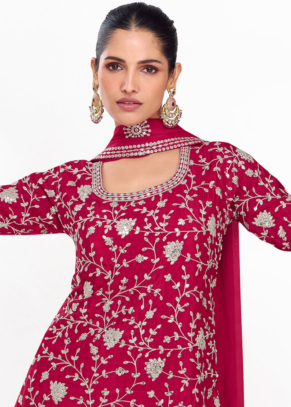 Ruby Pink Palazzo Suit in Chinon Silk with Exquisite Floral Embroidery