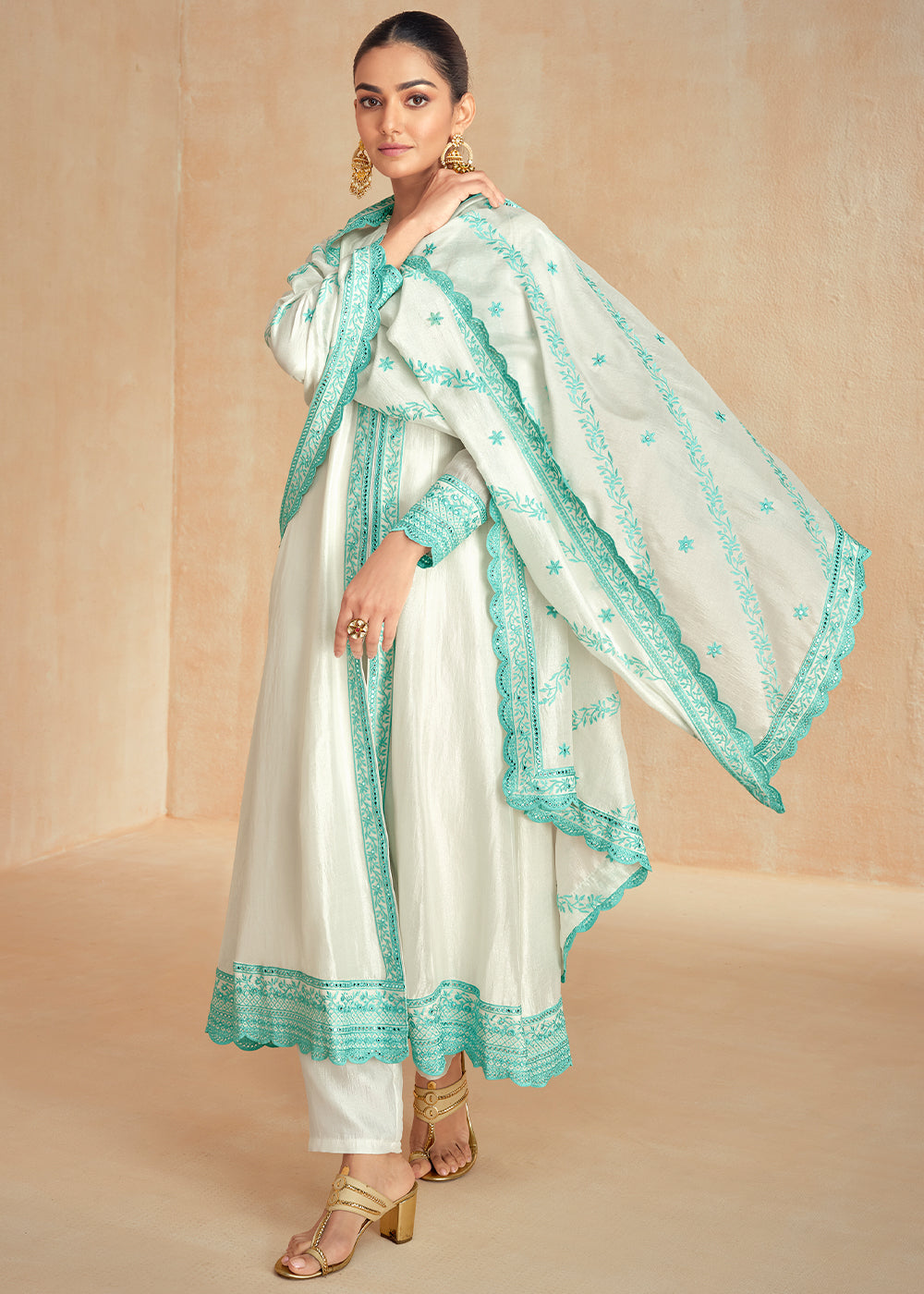 White & Blue Silk Salwar Suit Adorned with Floral Embroidery