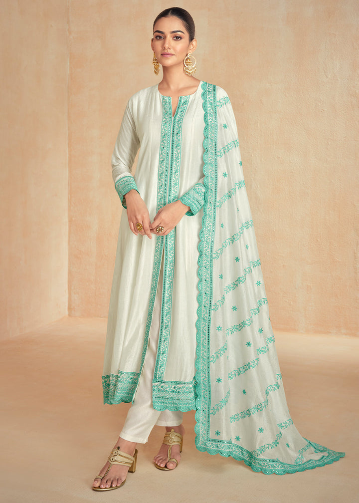 White & Blue Silk Salwar Suit Adorned with Floral Embroidery