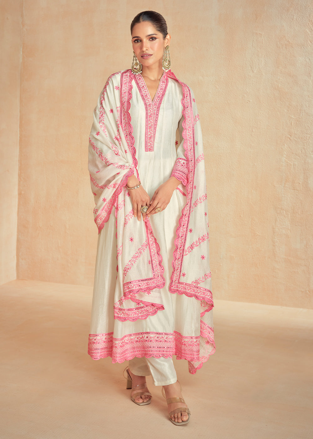 White & Pink Silk Salwar Suit Adorned with Floral Embroidery