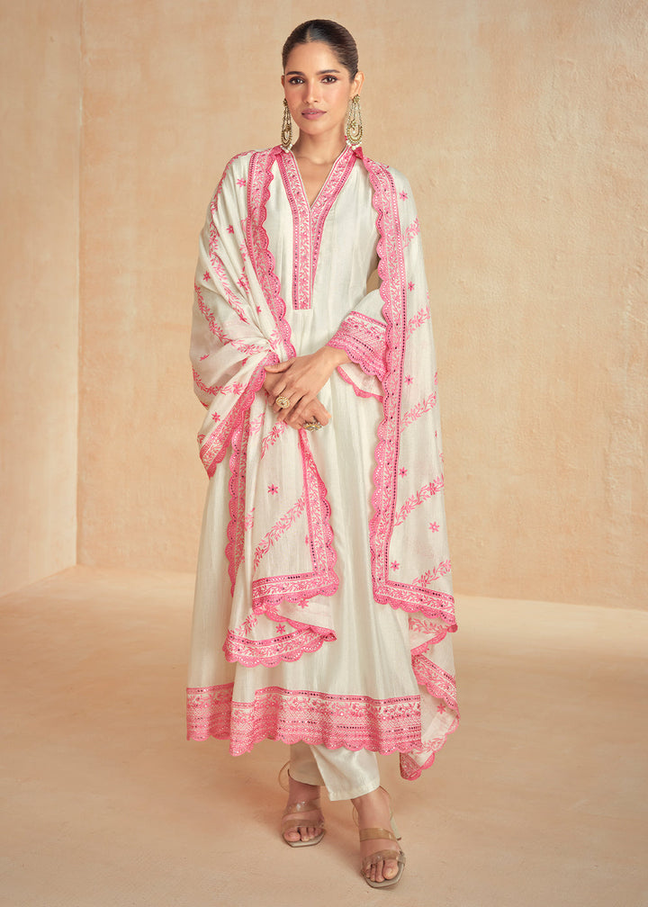 White & Pink Silk Salwar Suit Adorned with Floral Embroidery