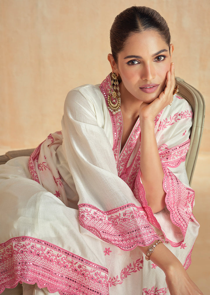 White & Pink Silk Salwar Suit Adorned with Floral Embroidery