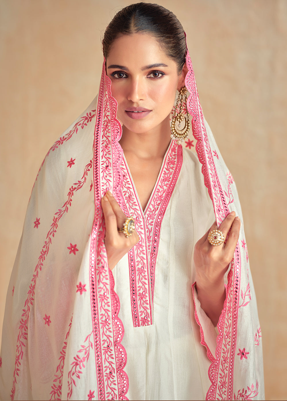 White & Pink Silk Salwar Suit Adorned with Floral Embroidery