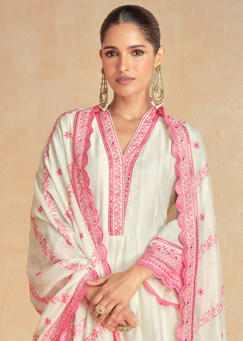 White & Pink Silk Salwar Suit Adorned with Floral Embroidery