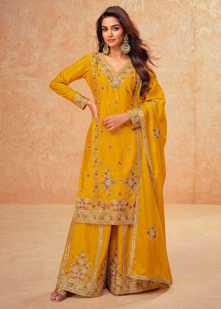 Mustard Yellow Chinon Silk Palazzo Suit with Exquisite Floral Embroidery