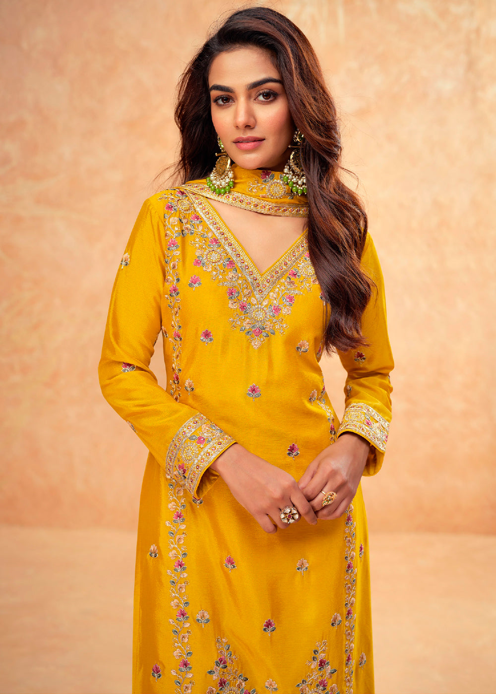 Mustard Yellow Chinon Silk Palazzo Suit with Exquisite Floral Embroidery