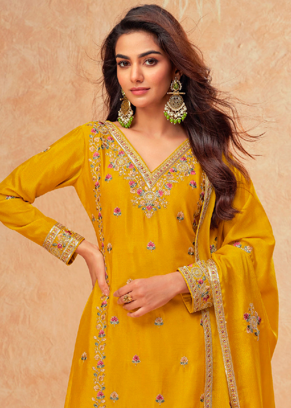 Mustard Yellow Chinon Silk Palazzo Suit with Exquisite Floral Embroidery