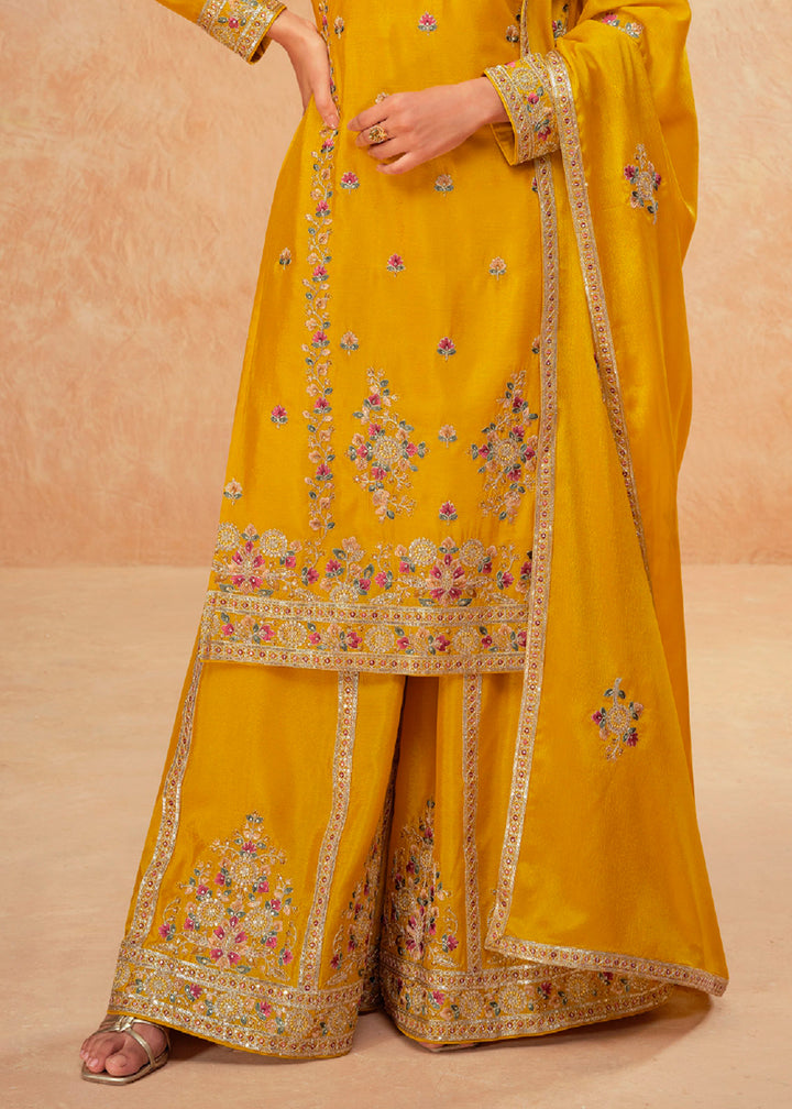 Mustard Yellow Chinon Silk Palazzo Suit with Exquisite Floral Embroidery