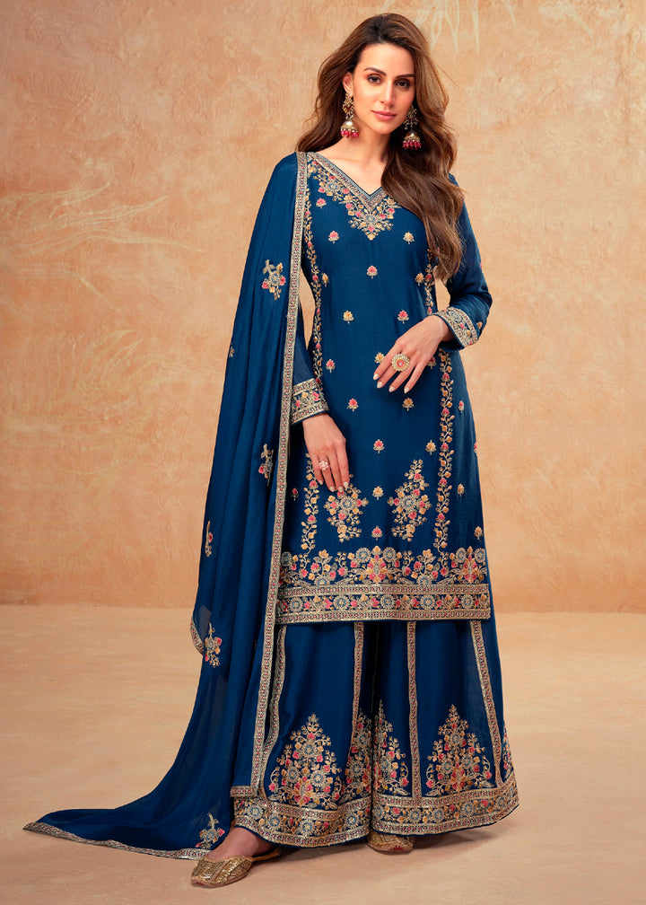 Navy Blue Chinon Silk Palazzo Suit with Exquisite Floral Embroidery