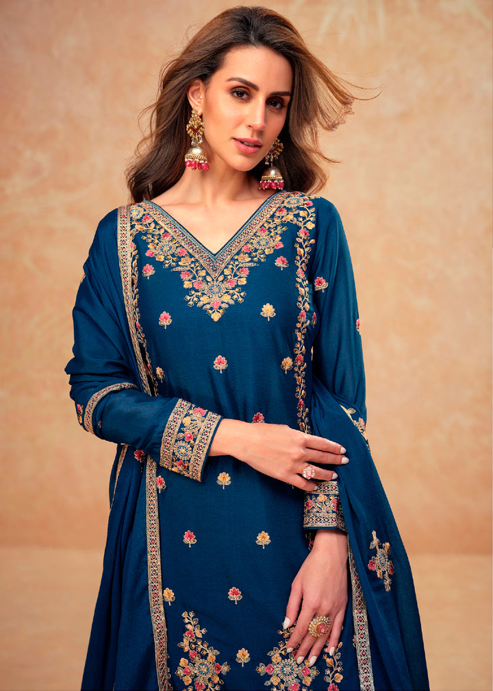 Navy Blue Chinon Silk Palazzo Suit with Exquisite Floral Embroidery