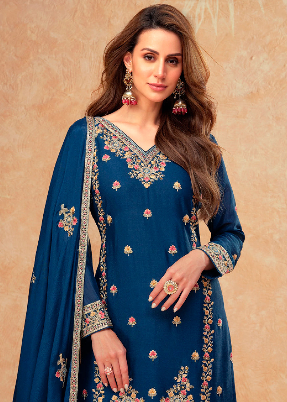 Navy Blue Chinon Silk Palazzo Suit with Exquisite Floral Embroidery