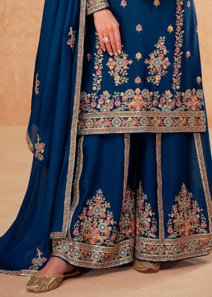 Navy Blue Chinon Silk Palazzo Suit with Exquisite Floral Embroidery