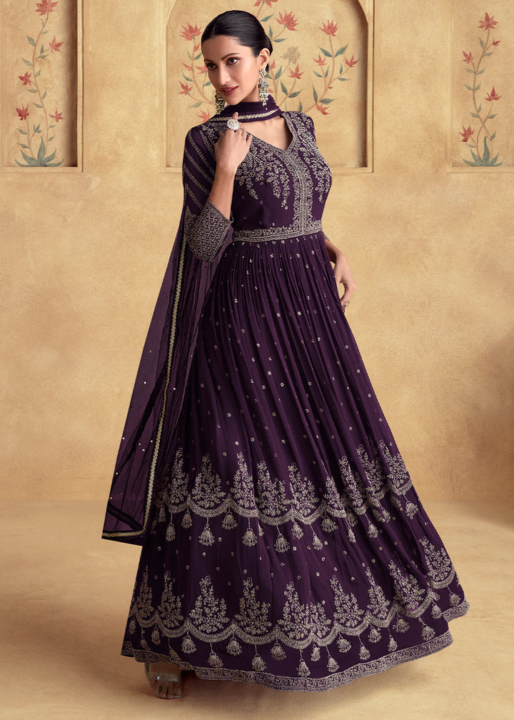 Plum Purple Ethnic Anarkali Gown in Georgette with Detailed Embroidery