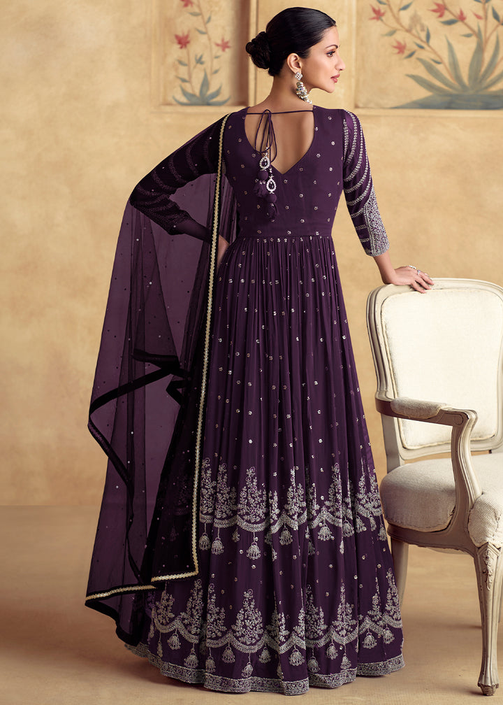 Plum Purple Ethnic Anarkali Gown in Georgette with Detailed Embroidery