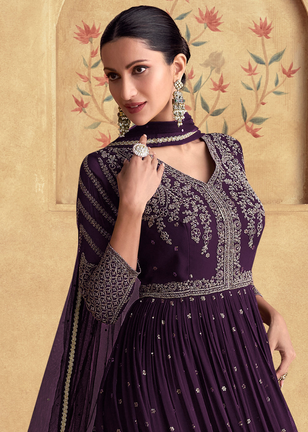 Plum Purple Ethnic Anarkali Gown in Georgette with Detailed Embroidery