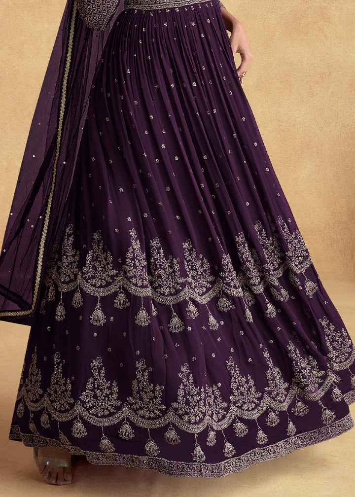 Plum Purple Ethnic Anarkali Gown in Georgette with Detailed Embroidery