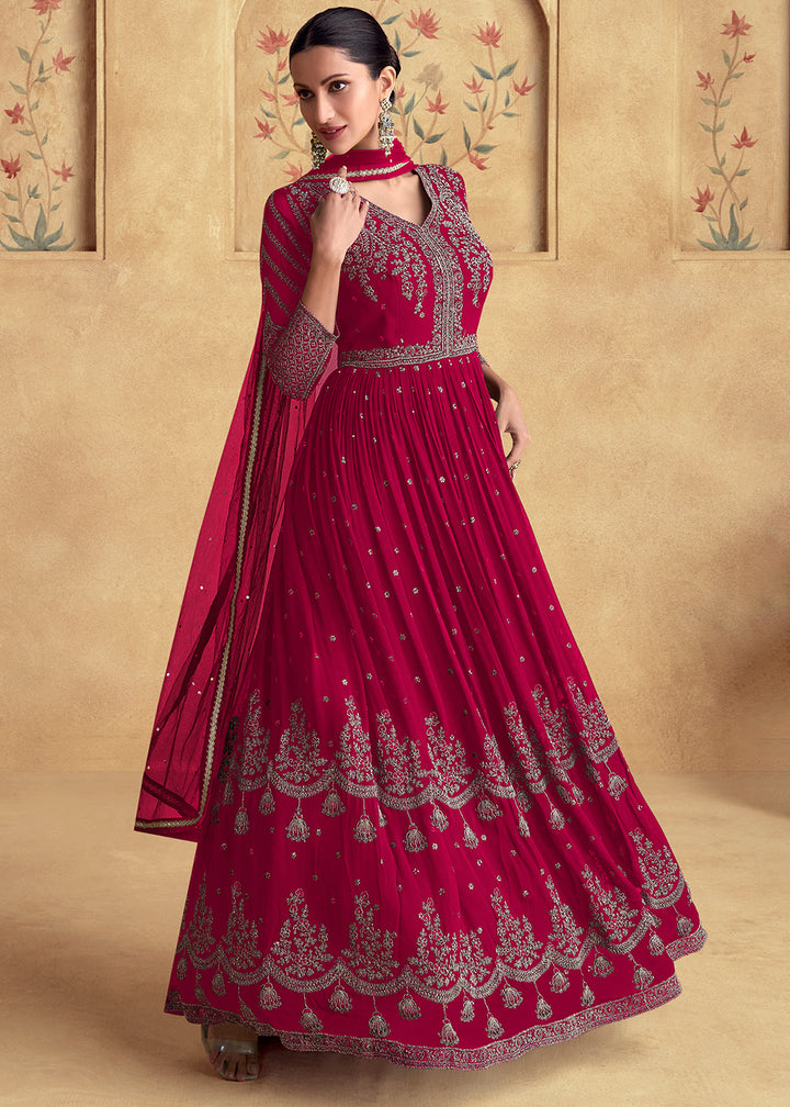 Ruby Pink Ethnic Anarkali Gown in Georgette with Detailed Embroidery