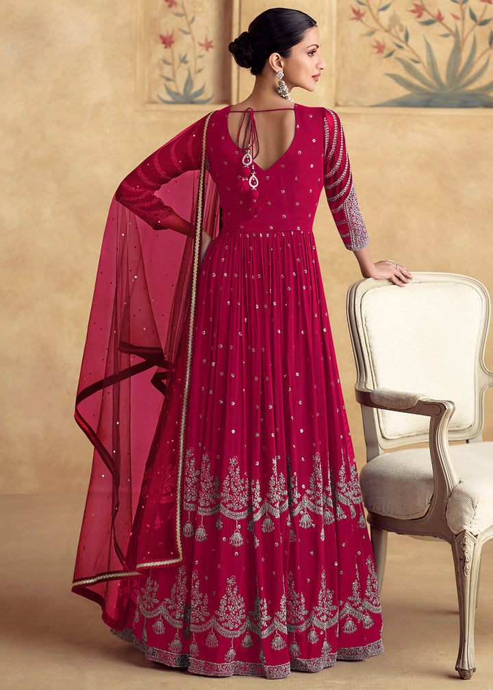 Ruby Pink Ethnic Anarkali Gown in Georgette with Detailed Embroidery