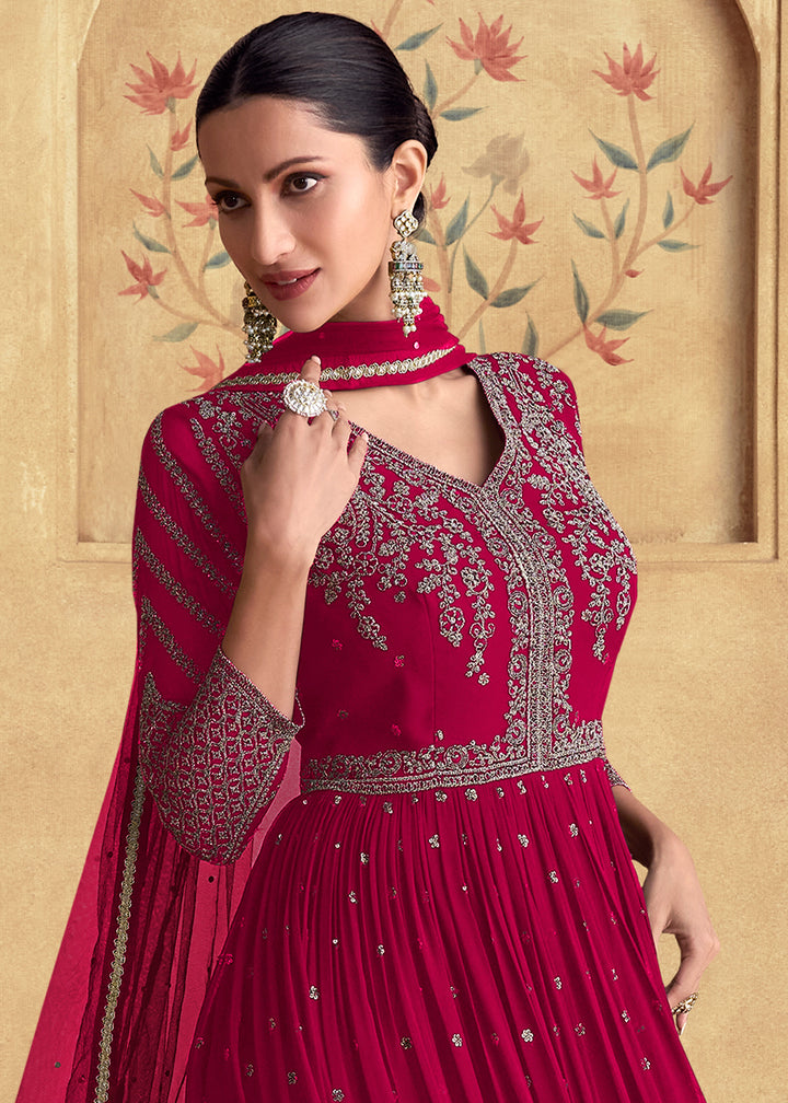 Ruby Pink Ethnic Anarkali Gown in Georgette with Detailed Embroidery