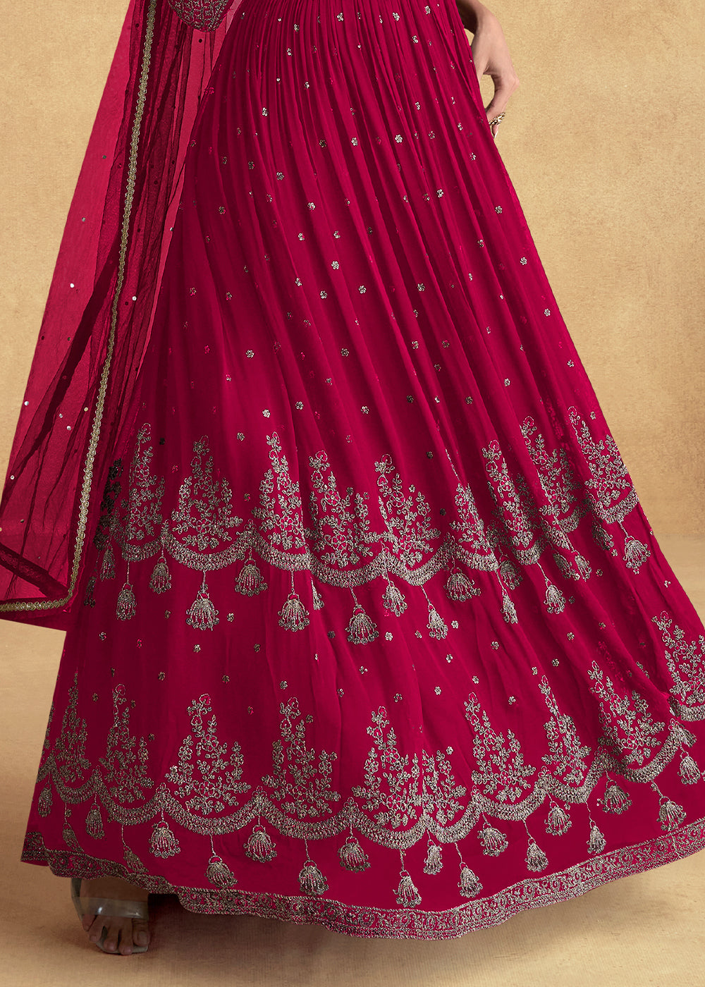 Ruby Pink Ethnic Anarkali Gown in Georgette with Detailed Embroidery