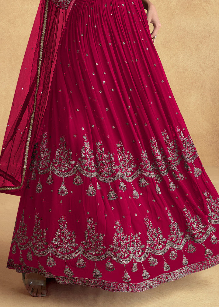 Ruby Pink Ethnic Anarkali Gown in Georgette with Detailed Embroidery