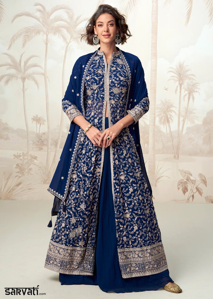 Berry Blue Skirt Top Ensemble with Embroidered Georgette Jacket