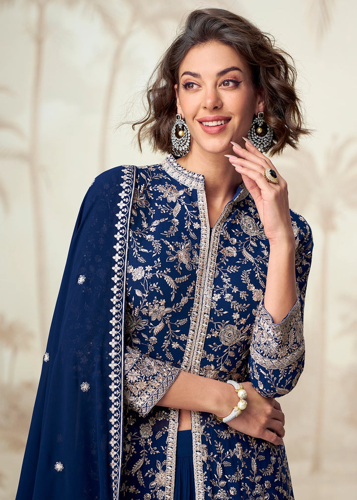 Berry Blue Skirt Top Ensemble with Embroidered Georgette Jacket