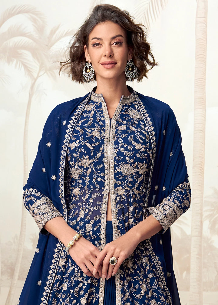 Berry Blue Skirt Top Ensemble with Embroidered Georgette Jacket