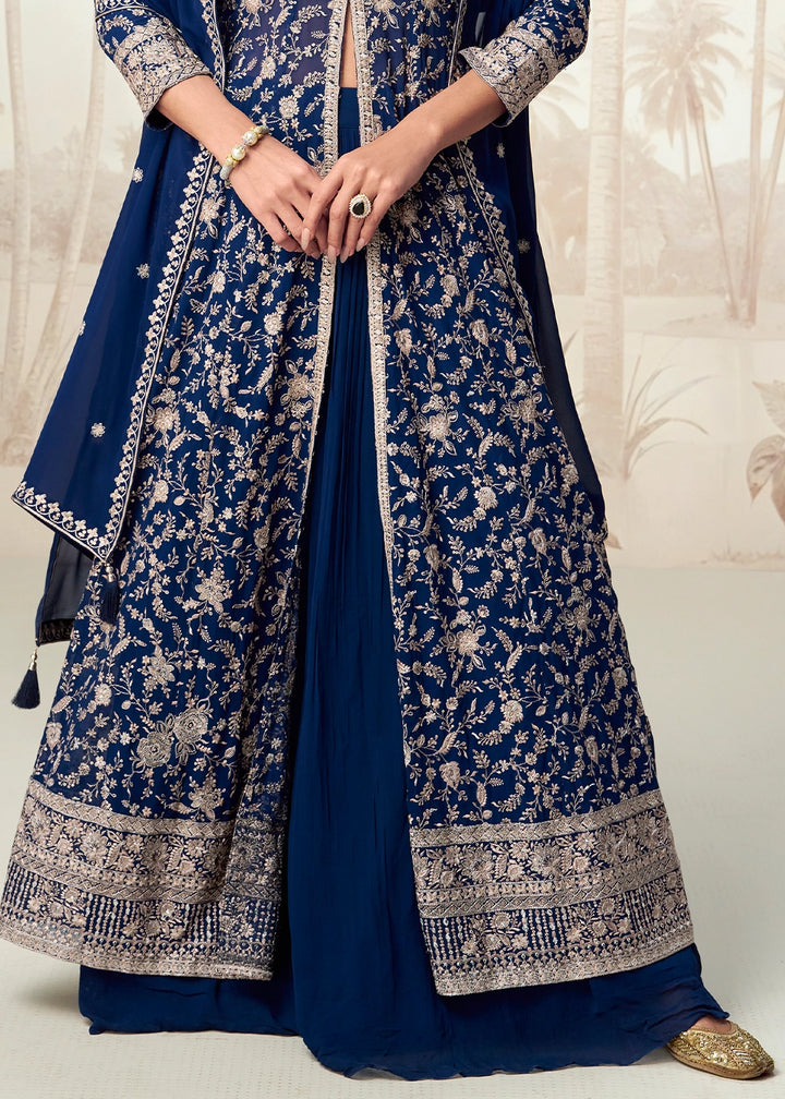 Berry Blue Skirt Top Ensemble with Embroidered Georgette Jacket